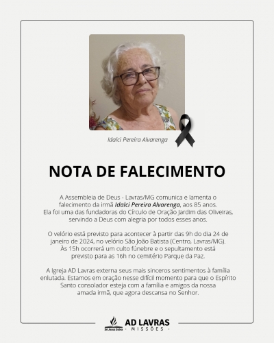 Nota de falecimento: irm&atilde; Idalci Pereira Alvarenga