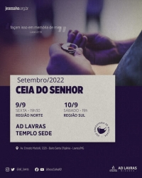 Ceia do Senhor de setembro será nos dias 9 e 10 (sexta-feira e sábado)