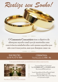 Igreja realizar&aacute; Casamento Comunit&aacute;rio no dia 3 de dezembro, inscri&ccedil;&otilde;es come&ccedil;am na segunda-feira (22/8)
