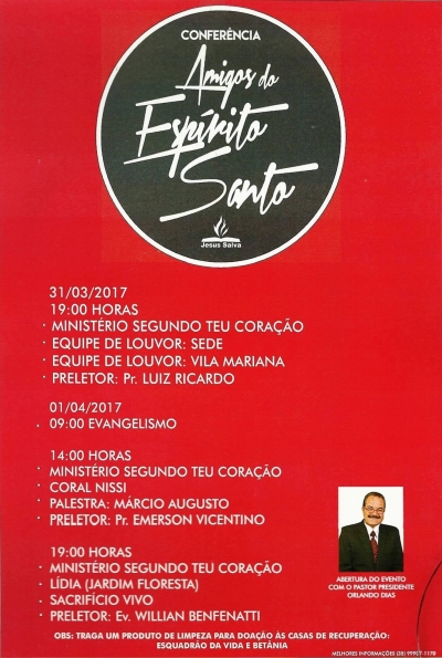 Confer&ecirc;ncia Amigos do Esp&iacute;rito Santo ser&aacute; realizada nos dias 31/3 e 1/4