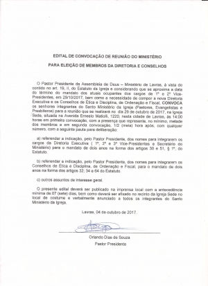 Convocação para Assembleia Geral Ordinária do Ministério