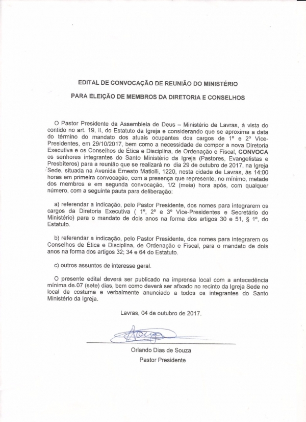 Convocação para Assembleia Geral Ordinária do Ministério